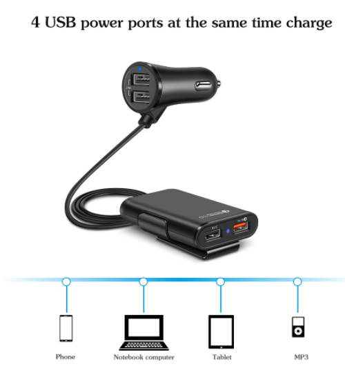Back Seat QC3.0 2.4A3.1A 4 USB Car Charger With Cable A Clip