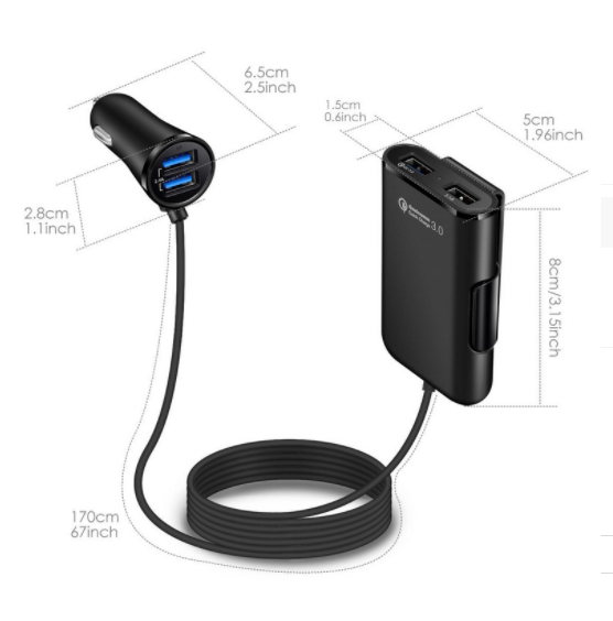 Back Seat QC3.0 2.4A3.1A 4 USB Car Charger With Cable A Clip