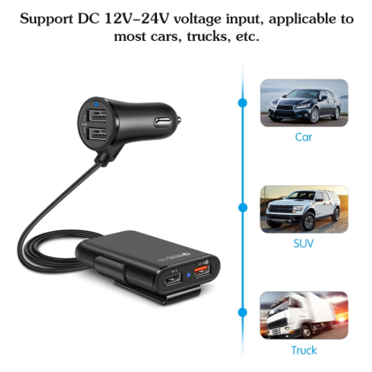 Back Seat QC3.0 2.4A3.1A 4 USB Car Charger With Cable A Clip