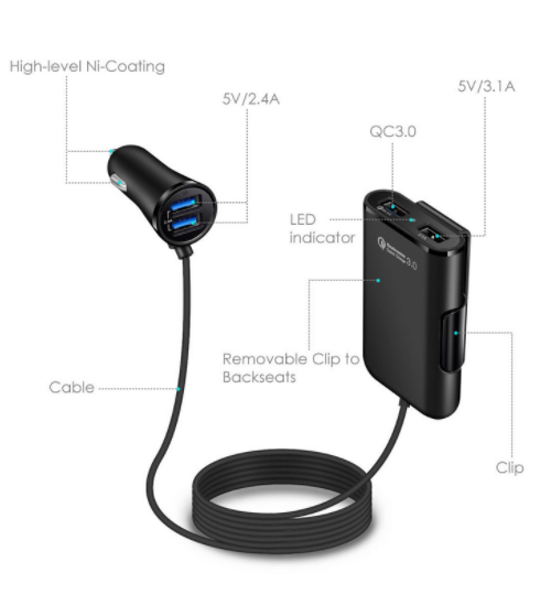 Back Seat QC3.0 2.4A3.1A 4 USB Car Charger With Cable A Clip