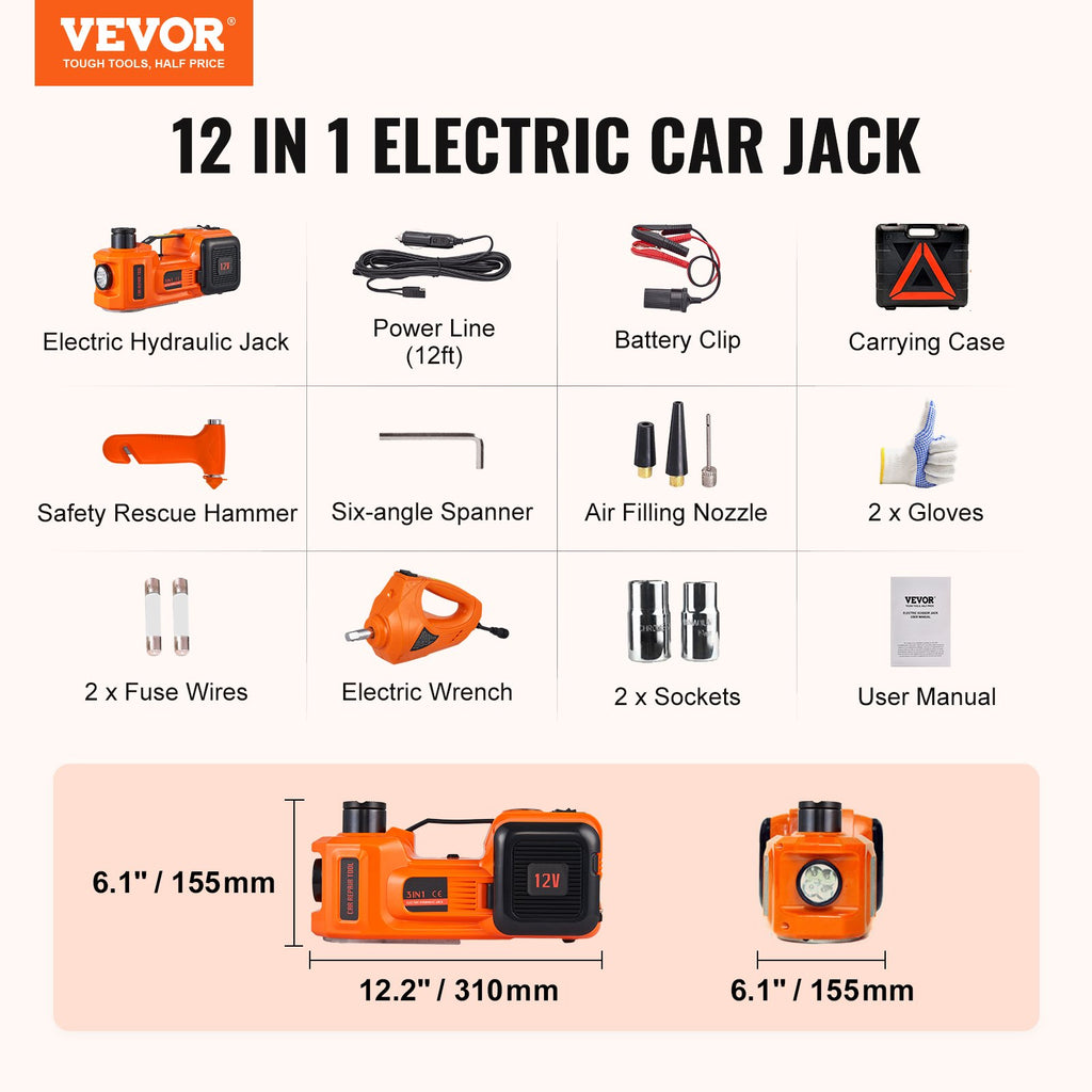 Electric Hydraulic Car Floor Jack 5 Ton 12V w/Impact Wrench Inflator