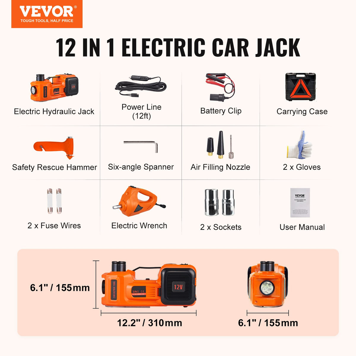 Electric Hydraulic Car Floor Jack 5 Ton 12V w/Impact Wrench Inflator